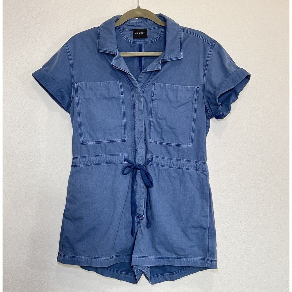 MIOU MUSE Easygoing Romper Size Small Blue 100% Cotton Tie Waist Shorts Casual